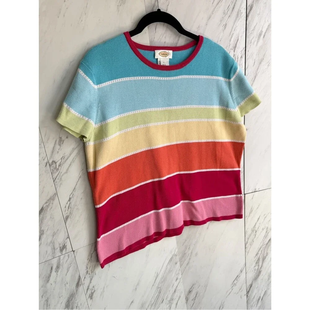 Talbots Rainbow Striped Pointelle Sunset Knit Top Tee Womens Large